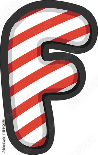 Alphabet letter F with red and white candy cane stripes. Perfect for Christmas, winter holidays, kids crafts, festive banners, and sweet-themed projects. Transparent PNG background.