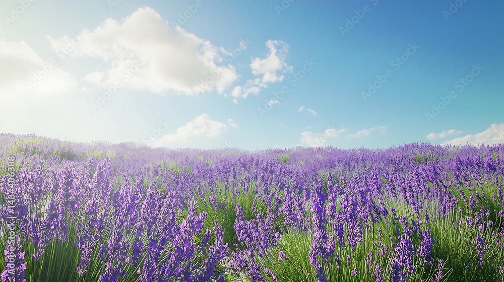 Naklejka premium Serene lavender field stretches under sunny sky with vibrant purple blossoms swaying softly for peaceful nature beauty and warm summer tranquility concept.