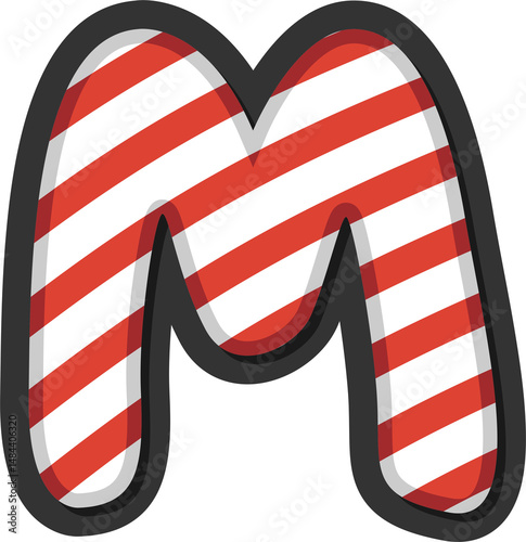 Alphabet letter M with red and white candy cane stripes. Perfect for Christmas, winter holidays, kids crafts, festive banners, and sweet-themed projects. Transparent PNG background.