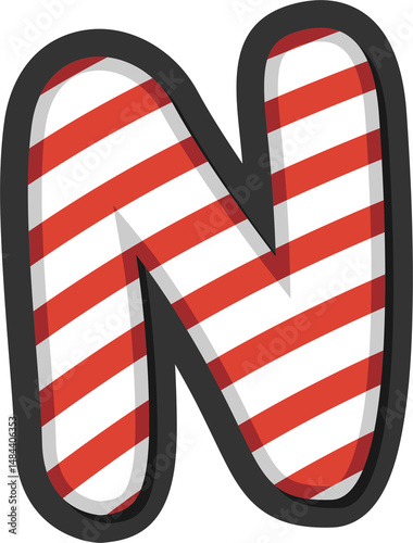 Alphabet letter N with red and white candy cane stripes. Perfect for Christmas, winter holidays, kids crafts, festive banners, and sweet-themed projects. Transparent PNG background.