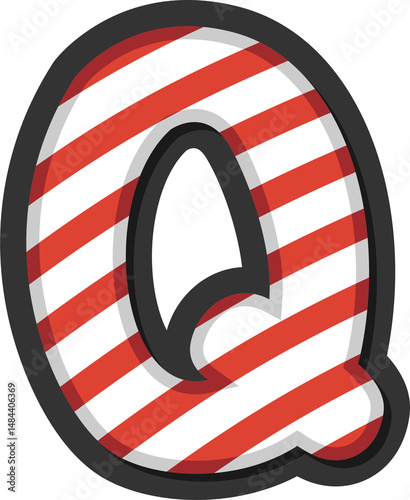 Alphabet letter Q with red and white candy cane stripes. Perfect for Christmas, winter holidays, kids crafts, festive banners, and sweet-themed projects. Transparent PNG background.