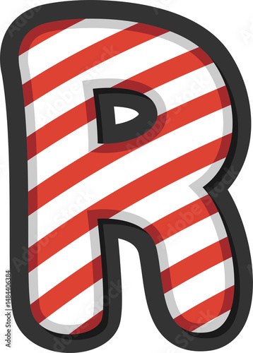 Alphabet letter R with red and white candy cane stripes. Perfect for Christmas, winter holidays, kids crafts, festive banners, and sweet-themed projects. Transparent PNG background.