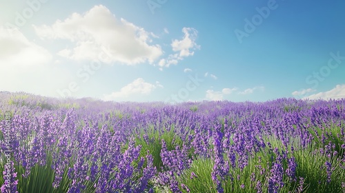 Serene lavender field stretches under sunny sky with vibrant purple blossoms swaying softly for peaceful nature beauty and warm summer tranquility concept.