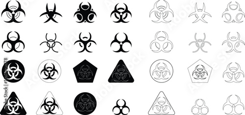 Biohazard biological warning sign or symbol flat icon set for apps websites a universal for toxic and hazardous materials in different shape logo, badge, sticker, label, with transparent background