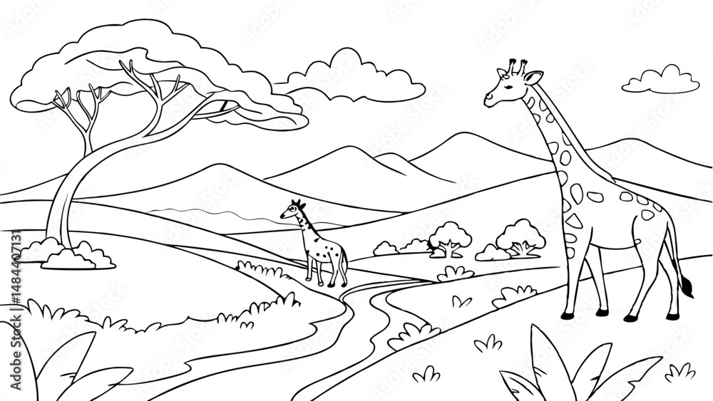 Fototapeta premium Cute cartoon meadow with mountains, giraffes and rivers. Coloring pages for kids