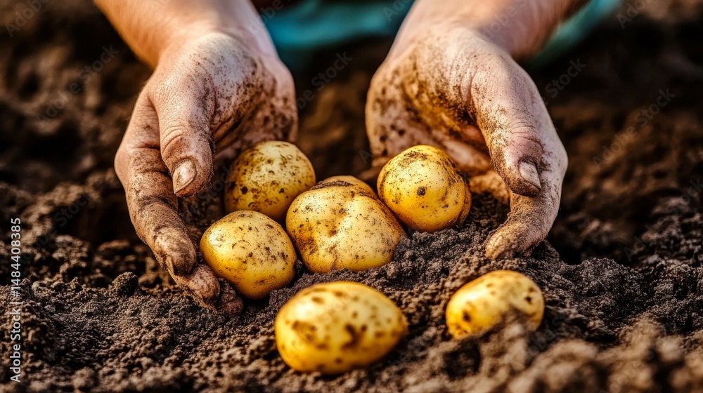 Hands of man picking up potatoes from soil Hands of man picking up potatoes from soil