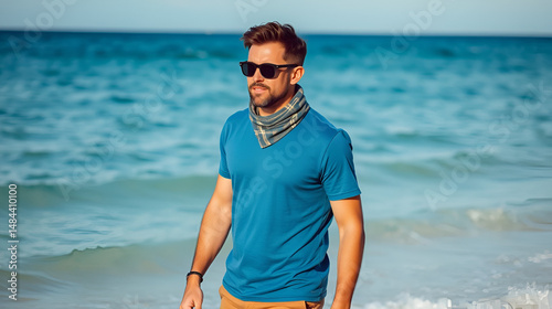 Uomo cinquantenne con mascherina protettiva e t-shirt blu sta in spiaggia e passeggia sereno di fronte al mare