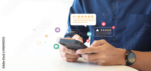 Businessman evaluate Service Quality for Business Rating. Five stars customer product rating review flat icon for apps and websites.