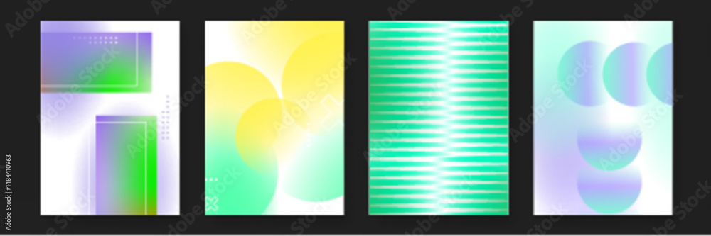 Naklejka premium Four gradient background designs with various geometric shapes. Ideal for web banners, social media posts, presentation slides, and digital art projects.