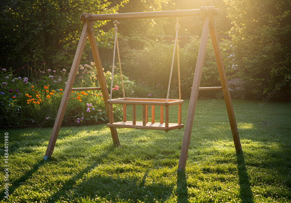 Fototapeta premium Empty wooden swing in garden sunlight
