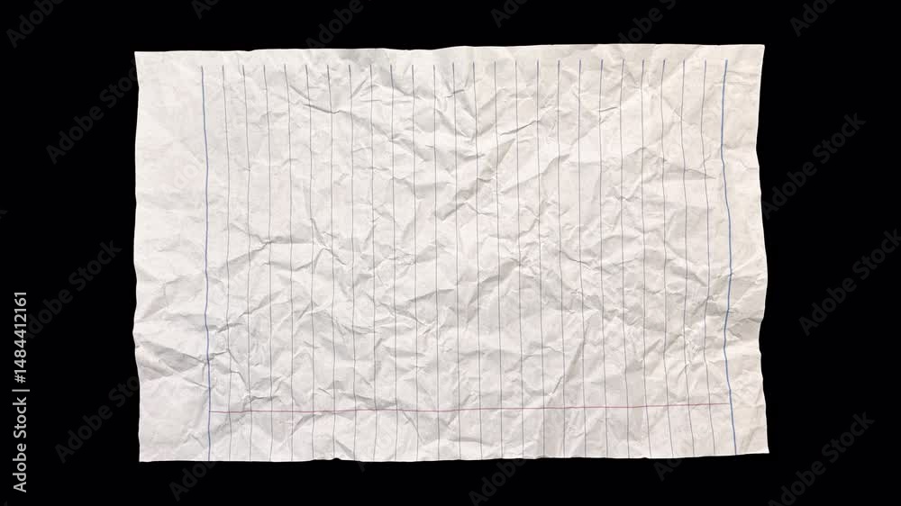 Clean Line school paper crumples and unfolds in a stop-motion. Textured, organic backgrounds, design overlays, craft visuals, transparent alpha channel bg, Style 33 long vertical page