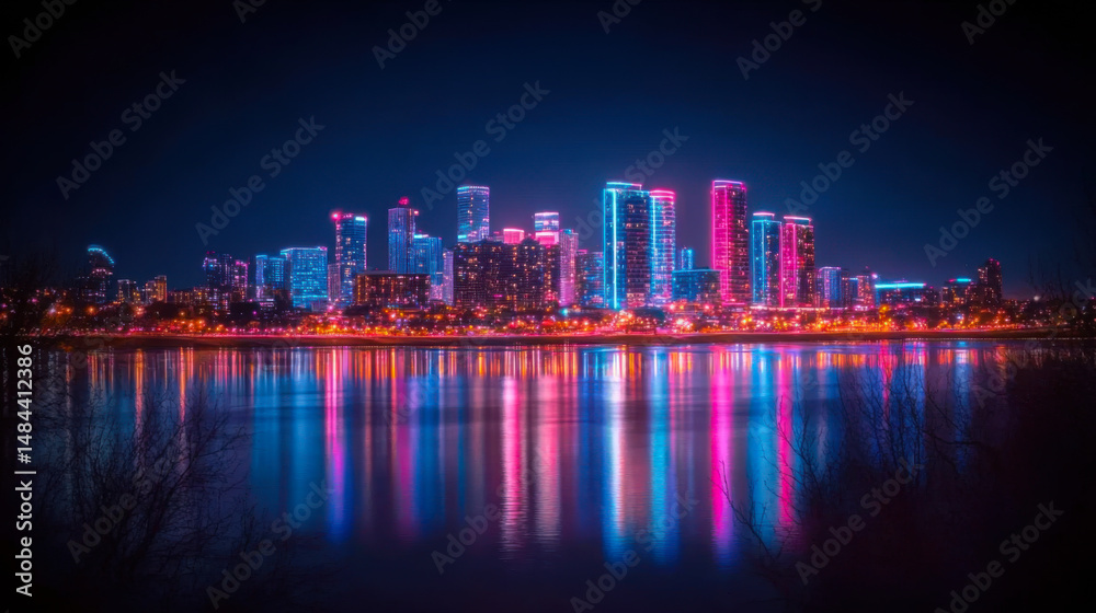Fototapeta premium vibrant city skyline illuminated with colorful lights reflecting on water