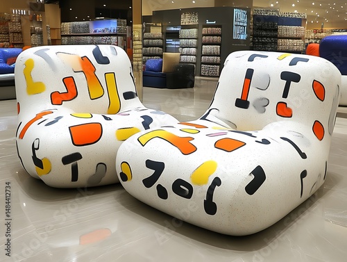 Modern White Chairs with Abstract Shapes, Two Chairs