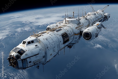 Large spaceship above earth detailed rendering
