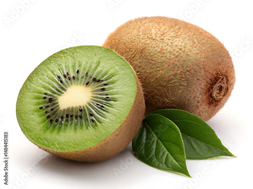 Kiwi whitebackground Fresh kiwi fruit, vibrant green interior, and natural leaves create refreshing and healthy image