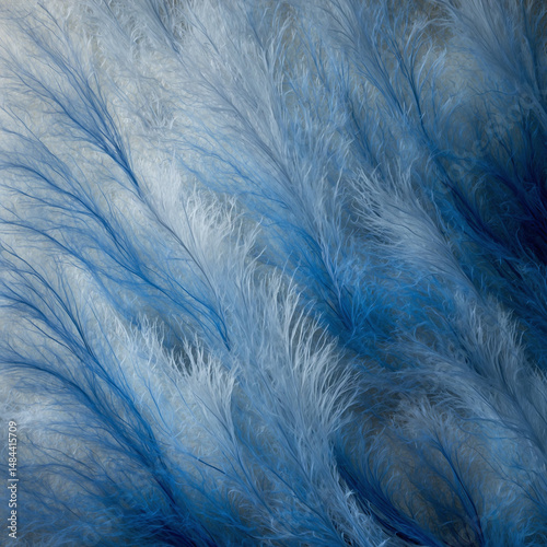 A wave of blue wind brushes over crystal mist, leaving behind subtle trails of light and dreamy pigment patterns