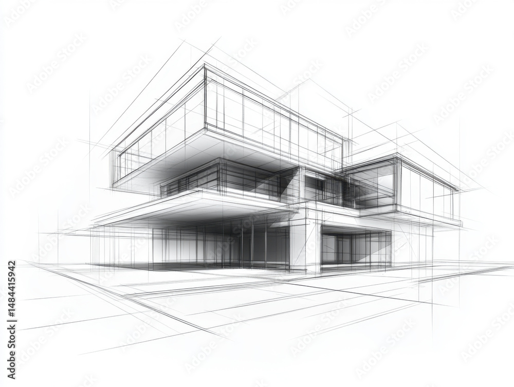 Modern Architecture building construction perspective design, building sketch line drawing on white background Modern Architecture building construction perspective design, building sketch line drawing on white background