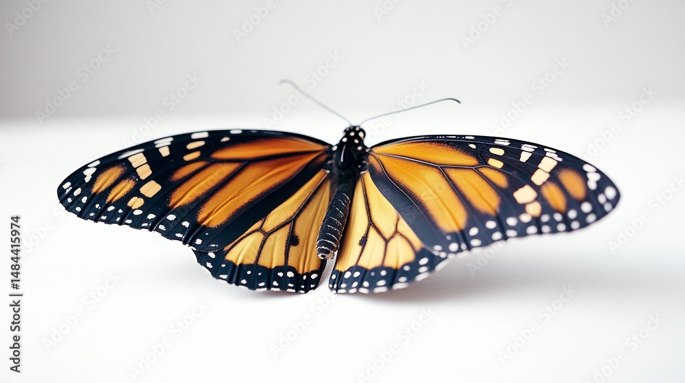 Naklejka premium Butterfly landing moment monarch butterfly gracefully touching down soft natural lighting enhancing wing symmetry on a white surface overlay cut out on isolated transparent removed background