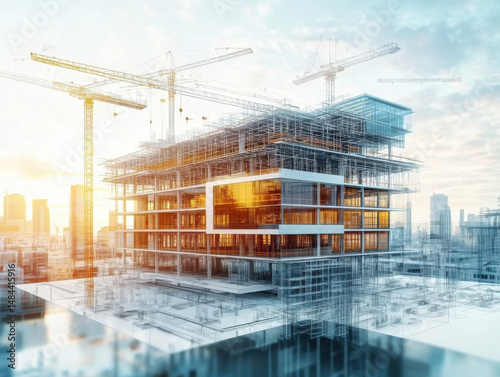 Construction of a Modern Office Building in Downtown City, Overlay of a future construction project with blueprints and diagrams.