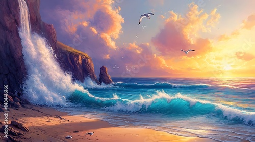 Ocean Sunset Paradise sparkles with waves crashing on rocky shore bathed in golden hour light a moment for peaceful awe raw power natural concept.