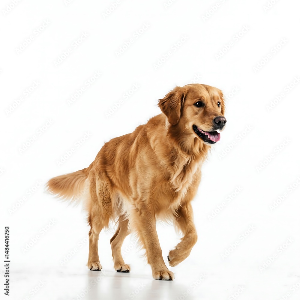 Obraz premium Golden Retriever dog walking, happy pet, isolated on white background, for mockup or advertising
