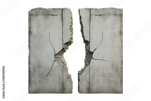Fragmented concrete barrier unveiling contrasting void on stark backdrop