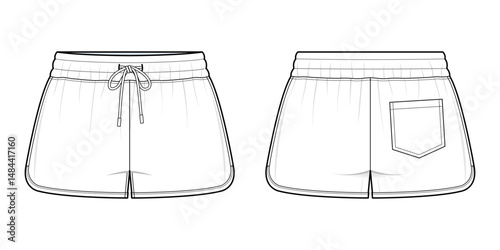 Drawstring Lounge Shorts Technical Fashion Illustration. Casual Shorts Vector Template. Front and Back View. Elastic Waistband. Single Back Patch Pocket. Women’s Loungewear. CAD Mockup set.