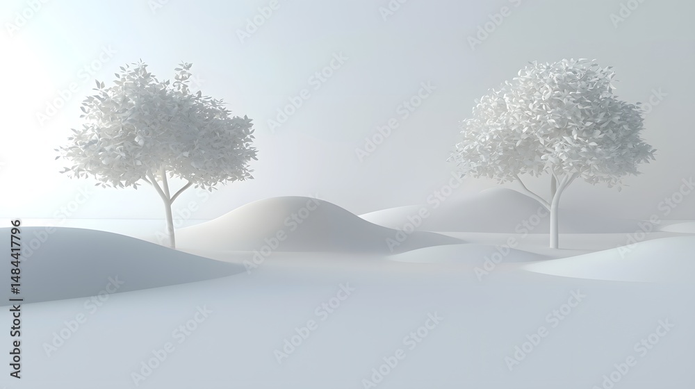 Fototapeta premium Serene Winter Landscape with White Trees and Soft Rolling Hills in Misty Atmosphere