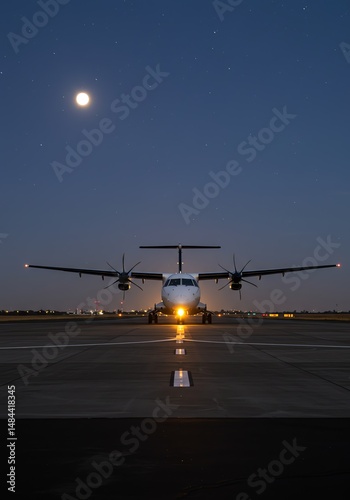 Night Flight: Propeller Plane on Runway under Starlit Sky