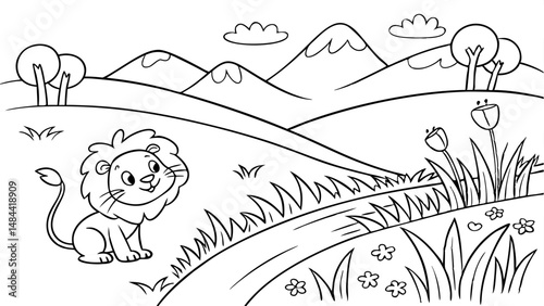Cute cartoon meadow with mountains, lion and river. Coloring pages for kids