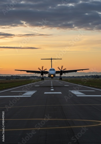 Sunrise Runway: Twin Propeller Plane Landing, Serene Sunset
