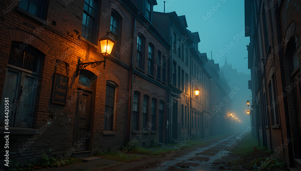 Obraz premium Atmospheric Nighttime City Street with Vintage Streetlights and Brick Buildings