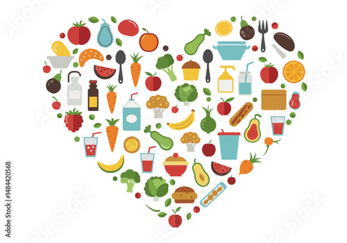 Heart Shape Made of Colorful Food Icons Fruits Vegetables and Cookware