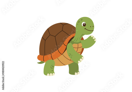 Cartoon Turtle with Brown Shell and Green Body Waving its Right Hand