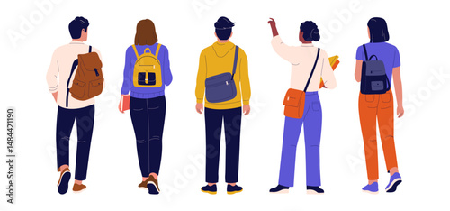Set Illustration of College Students Back View with Backpacks. Illustrations for websites, landing pages, mobile apps, posters and banners