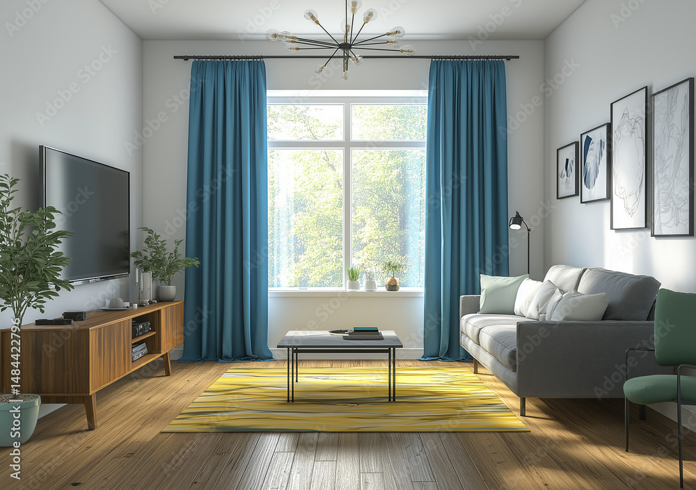 Fototapeta premium Modern Living Room Interior with Grey Sofa, Wooden Floors, Blue Curtains, and LED TV – Stylish Home Decor Featuring Bright Accents and Cozy Furniture Arrangement