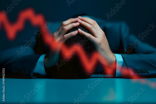 A stressed person holds their head in their hands while a red downward graph line symbolizes financial loss or crisis.