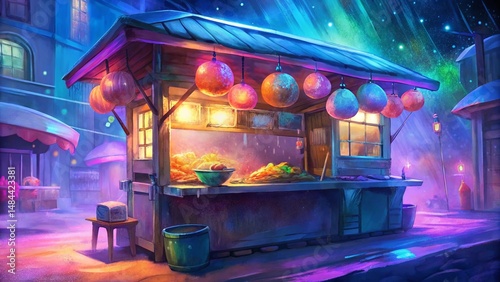 Wallpaper Mural fusion street food stand selling ramen tacos colorful night market scene neon lights comic style Torontodigital.ca