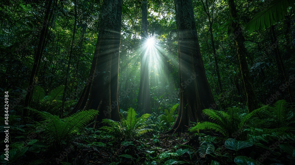 Obraz premium Sunlight filters through dense rainforest canopy