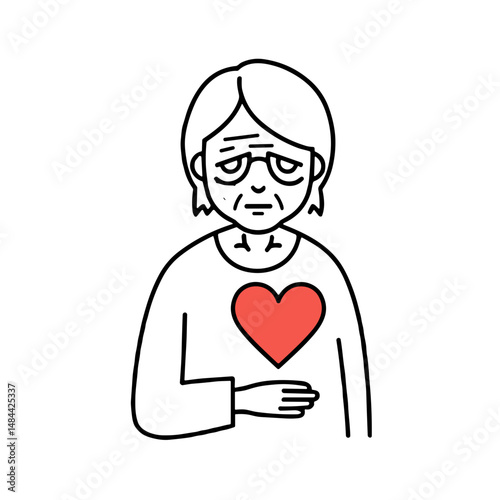 Elderly woman with heart symbol, showing concern in simple illustration  