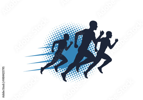 Dynamic Silhouette of Three Runners in Motion Against a Halftone Background