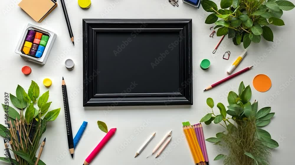 Empty black frame surrounded by art supplies and greenery on a white background