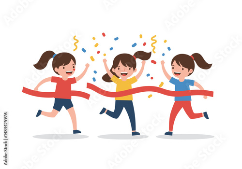 Three Happy Children Crossing the Finish Line in a Cheerful Race