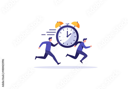 Two Men Chasing Time Represented by a Large Alarm Clock