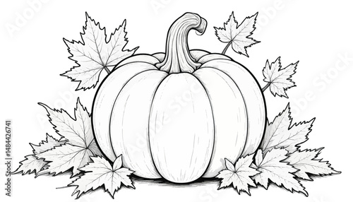 Autumn Pumpkins with Maple Leaves in Fall Harvest Setting
