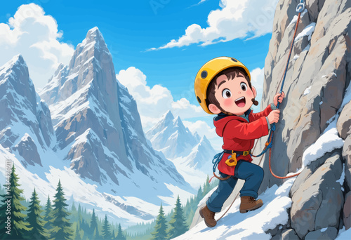 Adventurous child climbs snowy mountain peak with joyous determination