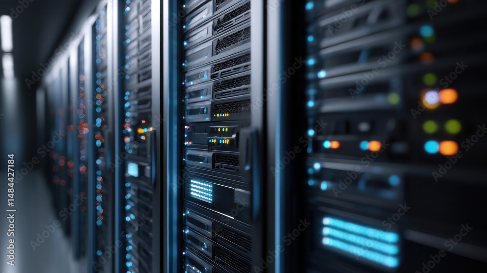 Close-up view of high-tech server rack with LED indicators, cool blue lighting and sleek black hardware panels in clean data center environment