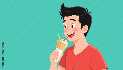 Boy Enjoying Ice Cream Cone on Turquoise Background