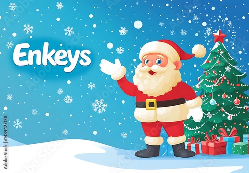 Santa Claus standing next to a Christmas tree with presents under it and waving his hand On the left side is the Enkeys logo 