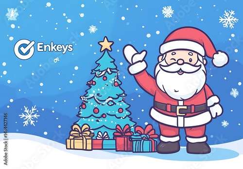 Santa Claus standing next to a Christmas tree with presents under it and waving his hand